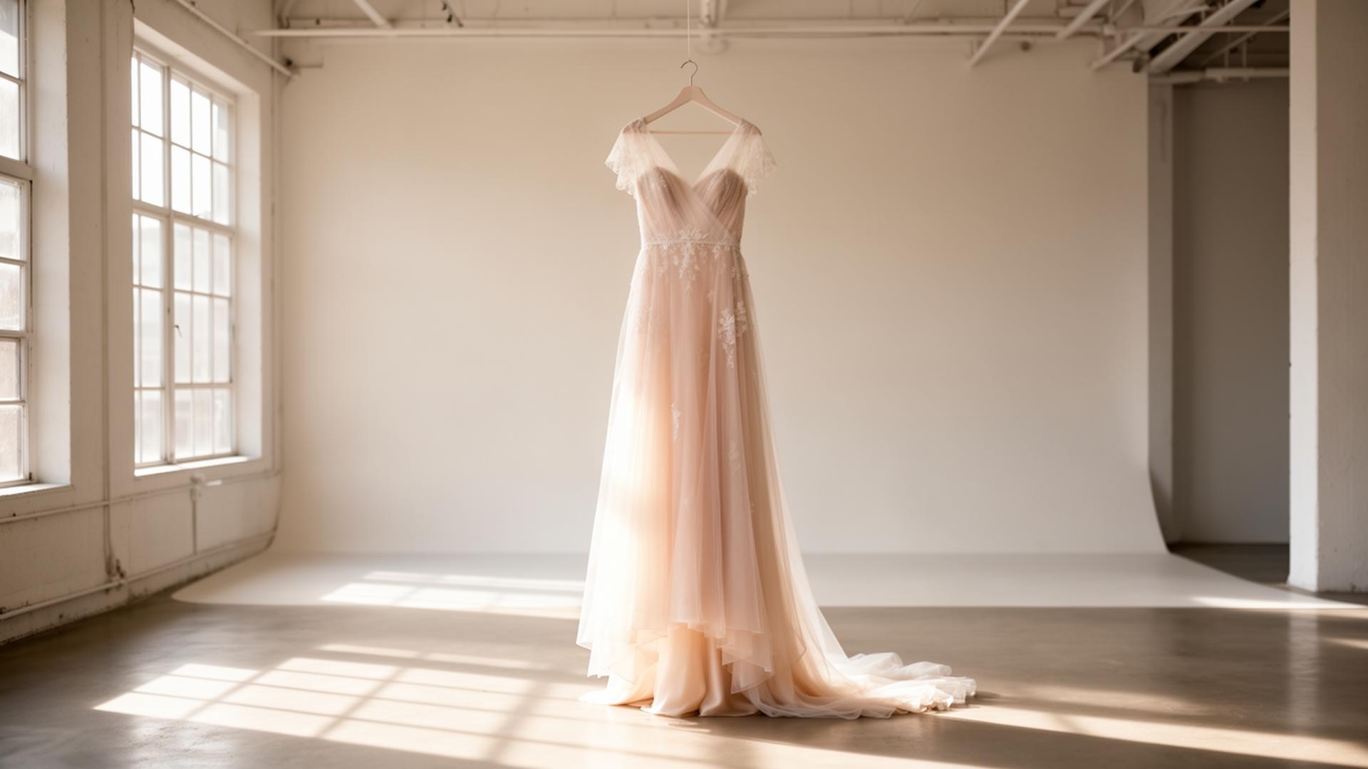 Ethereal bridal gown in a sunlit studio